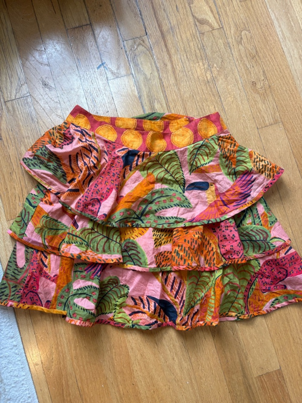 FARM Rio Pink Tropical Print Ruffled Skirt with Green & Orange Accents